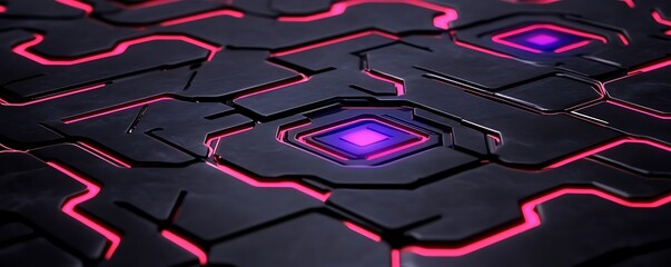 Poster - Abstract Dark Metallic Surface with Glowing Pink Circuitry