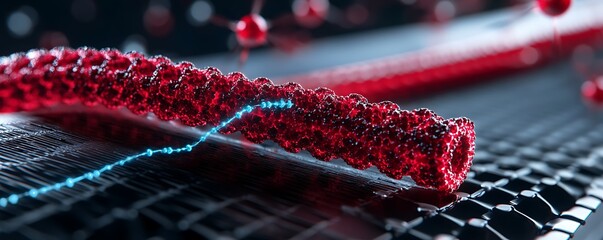 Poster - Red protein structure traversing a nanotechnological surface, revealing a digital pathway.