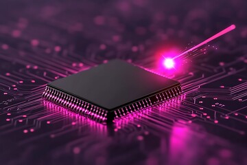 Fototapete - Processor Chip Illuminated by Pink Fiber Optic Laser on Circuit Board