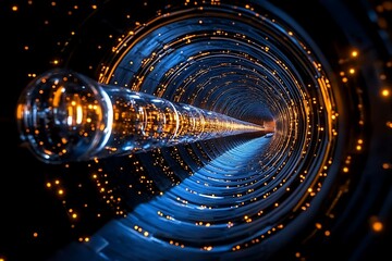 Poster - Illuminated Cylindrical Tunnel with Spiraling Lights and Glowing Particles