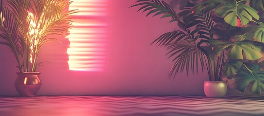 Poster - Tropical Plants in Pink Room with Neon Lighting and Wave-Textured Floor