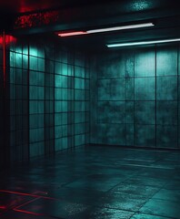 Poster - Neon-lit, Wet, Gridded Room with Red and Teal Lighting
