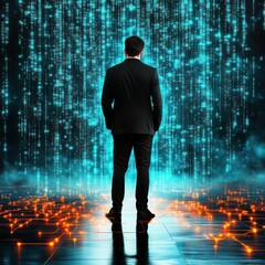 Aufkleber - Person Standing Before Digital Matrix with Glowing Patterns and Binary Code in Futuristic Environment