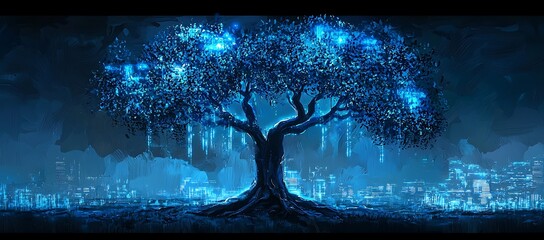 Poster - Luminous Blue Tree Over a Futuristic Cityscape at Night