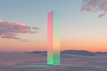 Poster - A colorful glowing pillar stands in the middle of a tranquil desert landscape, showcasing a stunning gradient of pastel colors, symbolizing modern minimalism and surreal beauty.
