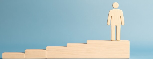 Aufkleber - Wooden figurine on staircase blocks symbolizing growth, achievement, success, and personal development journey