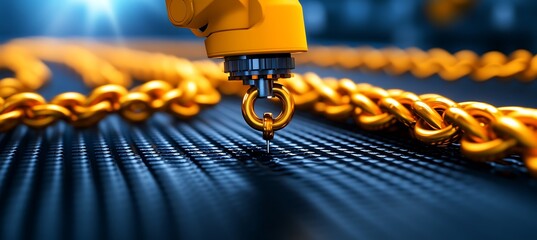 Poster - Yellow robotic arm precisely connects a golden chain link