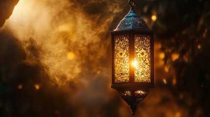 Wall Mural -  Elegant arabic lantern with intricate metalwork glowing in warm light, set against a peaceful ramadan kareem background with soft golden bokeh and traditional islamic patterns, creating a spiritual a