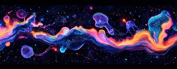 Poster - Colorful Abstract Space Scene with Celestial Bodies and Swirling Cosmic Elements in Deep Black Background