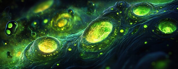 Poster - Abstract Visualization of Green Microbial Structures in a Dark Cosmic Environment with Glowing Details