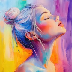 Aufkleber - Vibrant Artistic Portrait of a Young Woman with Colorful Brush Strokes and Soft Expression