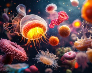 Aufkleber - Colorful Microscopic Organisms and Vibrant Bacteria in an Abstract Underwater Scene Full of Life and Energy