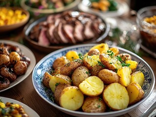 A close-up of a white serving bowl filled with creamy potatoes, garnished and ready to be served. Delicious and healthy comfort food.