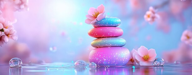 Poster - Serene Stacked Stones with Soft Pastel Colors and Blossoms Reflecting in Tranquil Water Surface