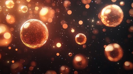 Poster - Glowing Golden Bubbles in Dark Space with Sparkles and Beautiful Light Effects for Abstract Background