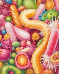 Aufkleber - Vibrant Microscopic World of Colorful Bacteria, Viruses, and Microorganisms in a Detailed Artistic Representation