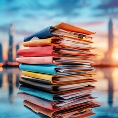Poster - Vibrant Stacked Document Folders Reflecting City Skyline Under Sunset in Modern Urban Setting
