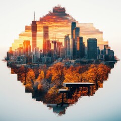 Poster - Vibrant Autumn Sunset Over Cityscape with Reflections and Natural Elements