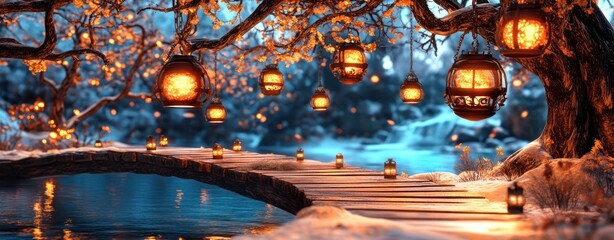 Poster - Enchanted winter scene with glowing lanterns hanging from a tree over a serene waterway at twilight