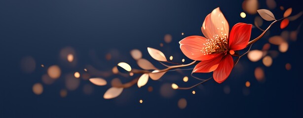 Aufkleber - Elegant Red Flower With Leaves Glowing On Dark Background, Artistic Floral Design For Creative Projects