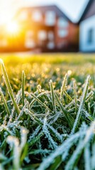 Poster - Dew Covered Grass in Morning Light with Sun Rising Behind Houses in a Fresh Dawn Landscape