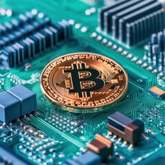 Poster - Bitcoin Symbol on Circuit Board Background in Close-Up Showcasing Cryptocurrency Technology and Innovation