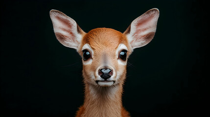 Wall Mural - Adorable fawn portrait, dark background, wildlife