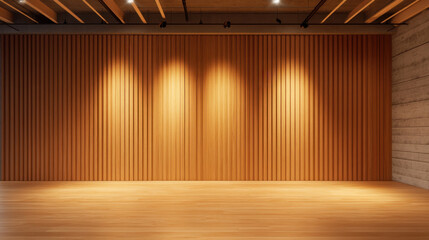 Poster - warm, rustic wood wall paneling creates cozy atmosphere in this spacious interior. soft lighting enhances texture and warmth of wood, making it ideal for various settings