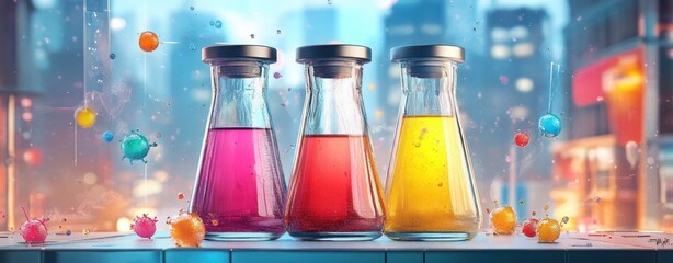 Poster - Colorful Laboratory Flasks with Liquid Solutions in Urban Setting at Night