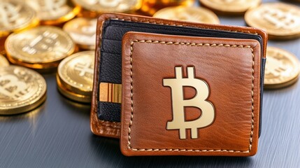 Poster - Stylish Leather Wallet with Bitcoin Logo Next to Golden Cryptocurrency Coins on a Modern Surface