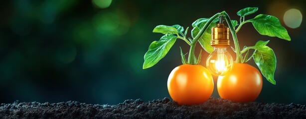 Aufkleber - Light Bulb Among Green Leaves and Orange Tomatoes on Dark Soil with Blurred Background Effect