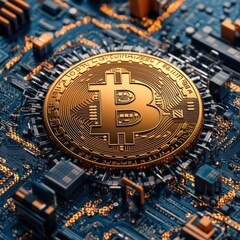 Poster - Golden Bitcoin Coin on Microchip Circuit Board Background Representing Cryptocurrency and Digital Finance Concepts