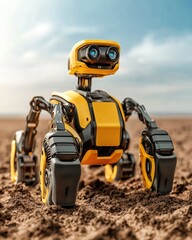 Aufkleber - Friendly and futuristic robot exploring sandy terrain under a blue sky with fluffy clouds during daylight