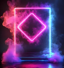 Leinwandbilder - A glowing neon frame with smoke on a dark background, blue and purple lights, and a pink glowing square shape. 