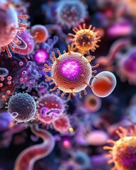 Aufkleber - Microscopic View of Colorful Cells and Microorganisms in Abstract Biological Environment