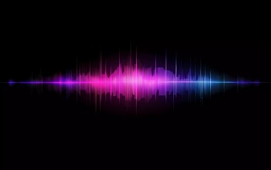 Poster - Abstract background with sound waves, blue and purple neon glow light effect on a dark black gradient color backdrop.