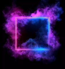 Leinwandbilder - Abstract neon-illuminated frame with a smoke effect on a dark background, a glowing square shape for a design element.