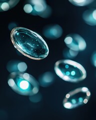 Aufkleber - Floating Transparent Capsules with Glowing Liquid Against Dark Background, Abstract Science Concept
