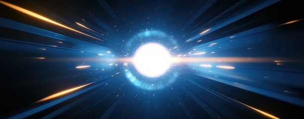 Poster - Bright Cosmic Explosion with Light Rays and Sparks in Deep Space Background for Science and Technology Themes