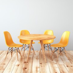 Poster - Modern dining table with yellow chairs on wooden floor in bright minimalist interior space