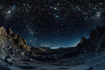 Wall Mural - Star-filled night in a barren desert with mountains and sand dunes, evoking the feeling of being on another planet.