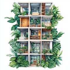 Poster - Modern Apartment Building Surrounded by Lush Greenery and Indoor Plants in Vibrant Watercolor Style