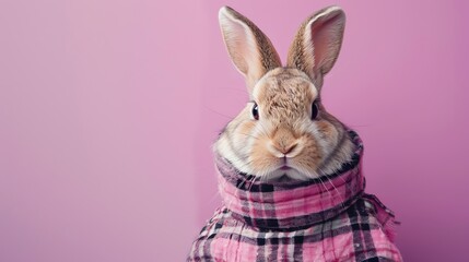 Wall Mural - **a cute rabbit wearing a pink and gray plaid scarf is looking at the camera with a curious expressi