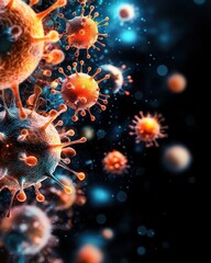 Aufkleber - Vibrant Close-Up of Colorful Viruses with Detailed Structures in a Dark Background for Scientific Backgrounds