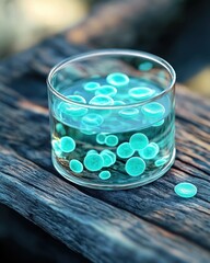 Poster - Glass Container with Floating Blue Circles in Clear Water on Rustic Wooden Surface