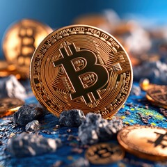 Poster - Golden Bitcoin Coins Displayed on a Surface Surrounded by Rocks and Pebbles with Blurred Background