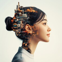 Aufkleber - Young Woman Profile with Digital Circuitry and Industrial Elements Blending Technology and Nature