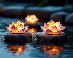 Poster - Serene Water Lanterns Floating on Calm Water with Soft Glowing Light at Dusk Around Stone Pebbles