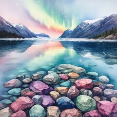 Poster - Serene Landscape of Colorful Rocks Under Vibrant Northern Lights Reflected in Tranquil Lake Waters