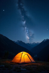 camping tent under a starry sky in the mountains